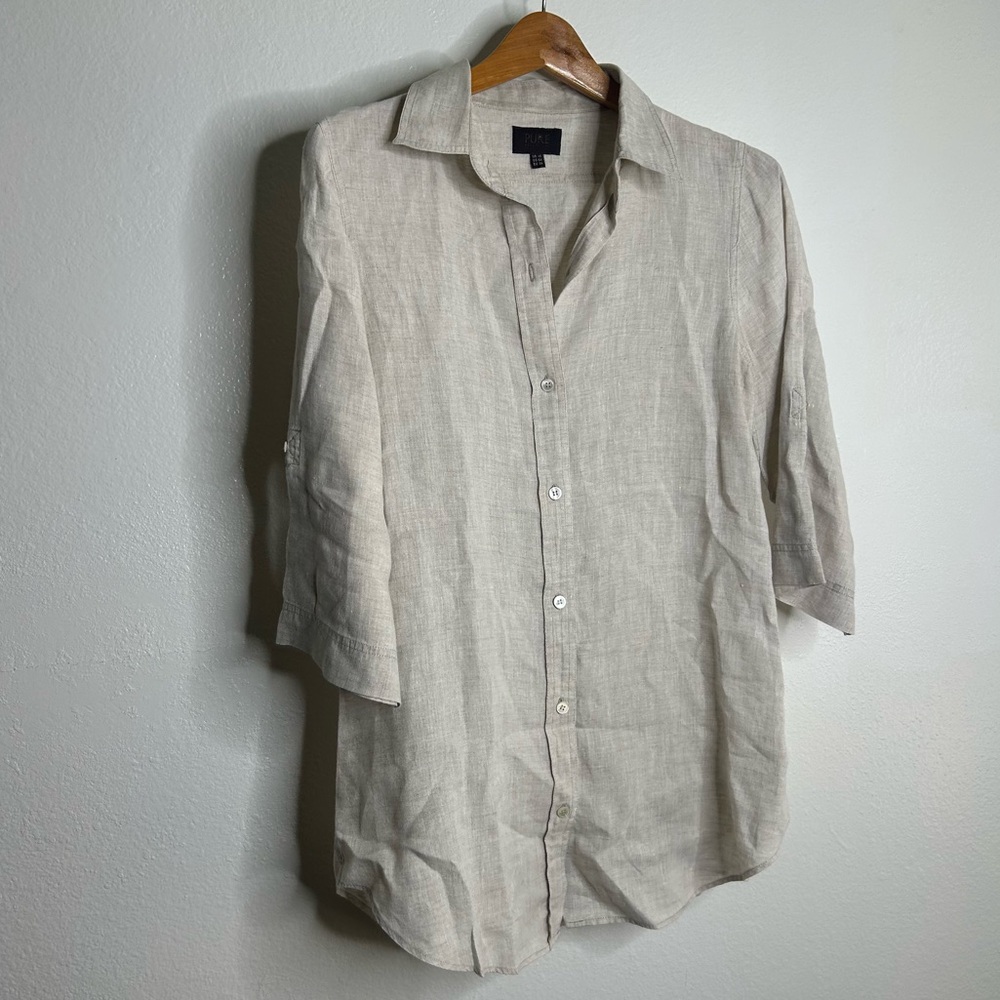 PURE 100% Linen Natural Tan Button Down 3/4 Sleeve Tunic Top